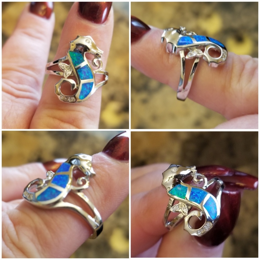 Genuine White Sapphire/Australian Opal Inlay Ring - Picture 3 of 5